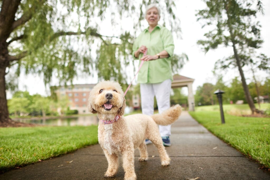 senior woman with her dog outside